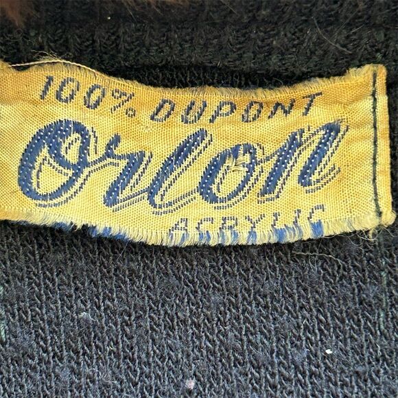 Vintage Orlon Black Cardigan M Fur Collar Rhinestone - Picture 2 of 8